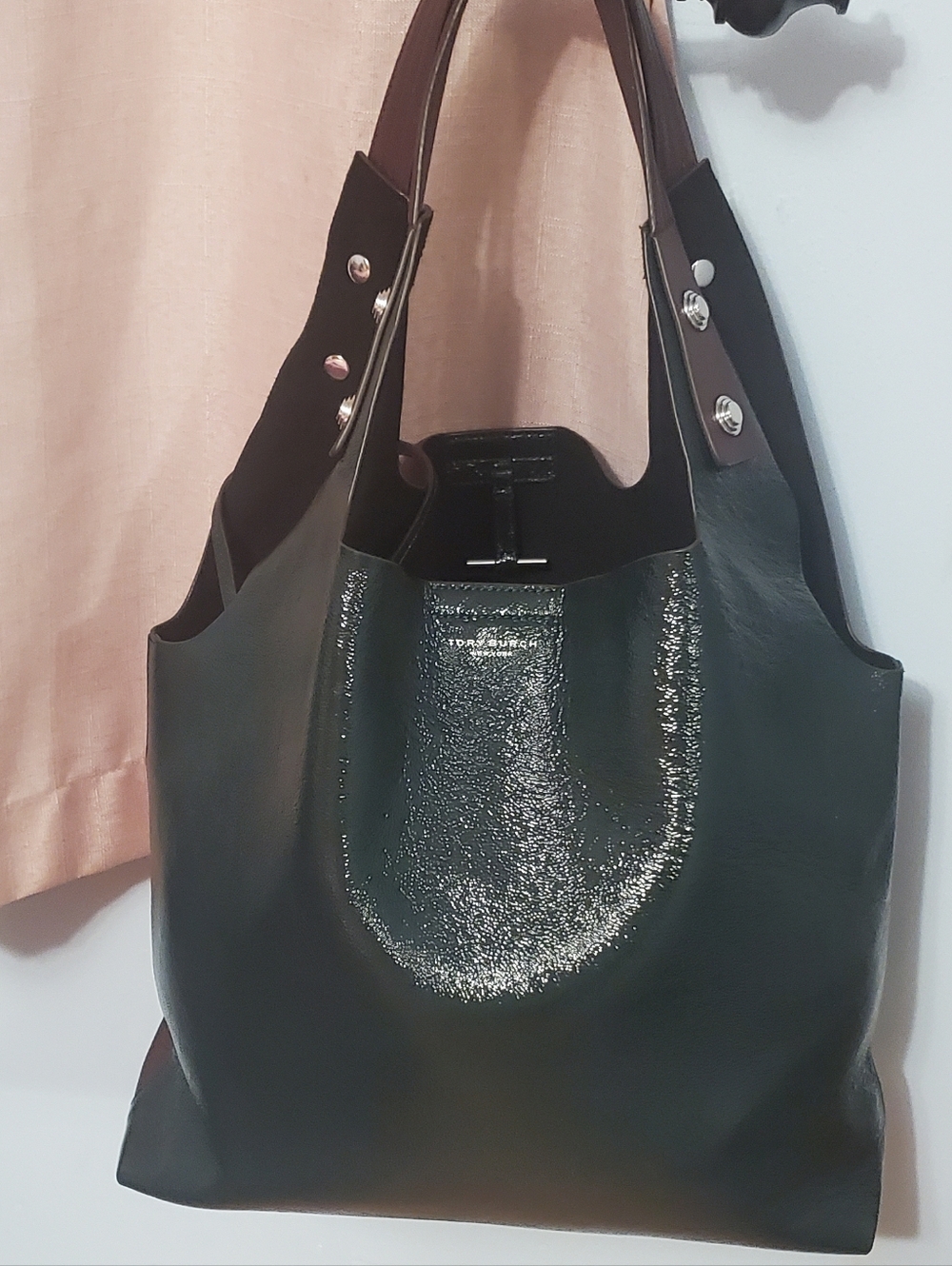 Tory Burch Olive Glossy Leather Tote with Brown Handles